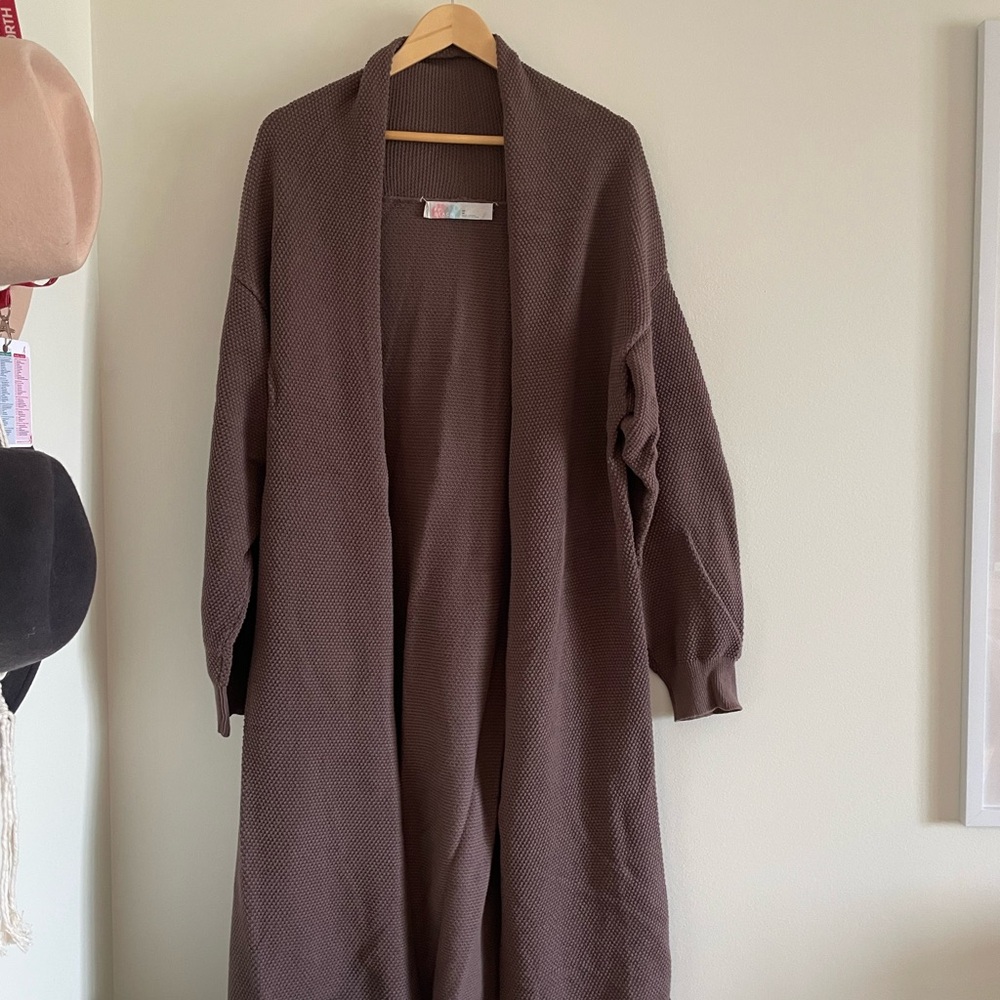 Free People Open-Front Long Cardigan Sweater in Brown